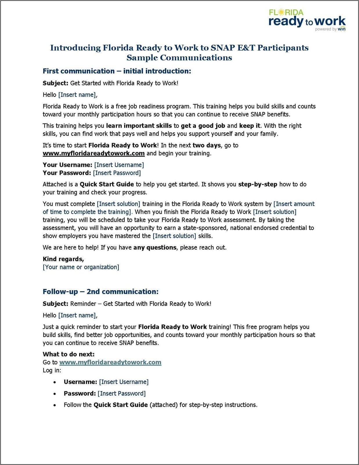 Sample Emails: Introducing Florida Ready to Work to SNAP E&T Participants