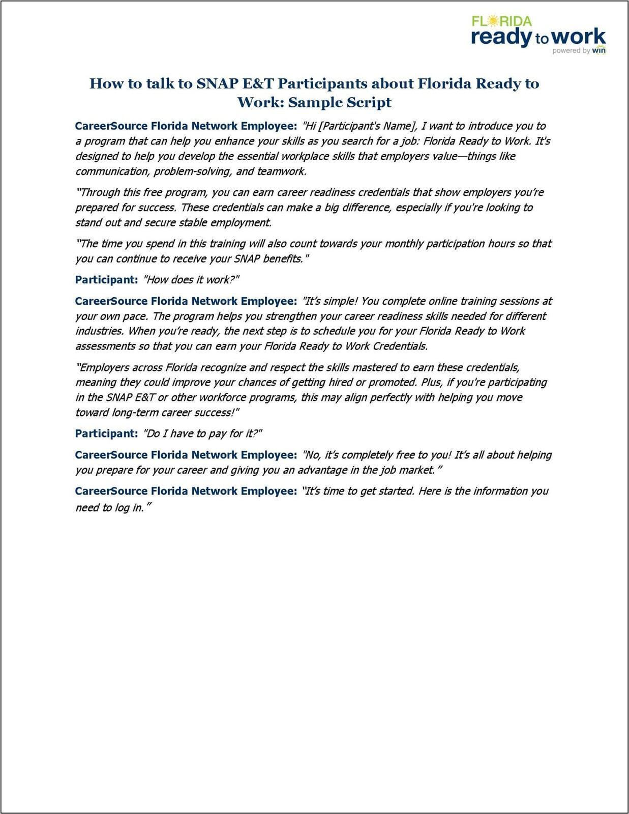Sample Script: Talking to SNAP E&T Participants about Florida Ready to Work 
